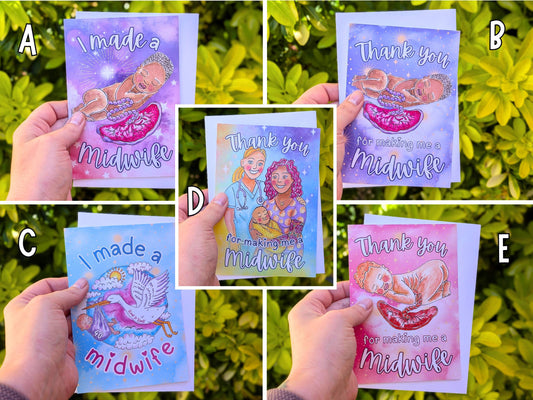 Purple “I made a midwife” thank you postcard held in hand