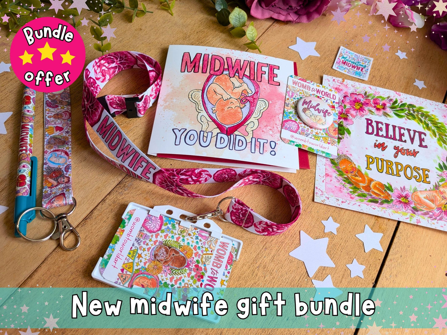 Midwife gift set bundle with “You Did It” card, lanyard, and matching card pieces