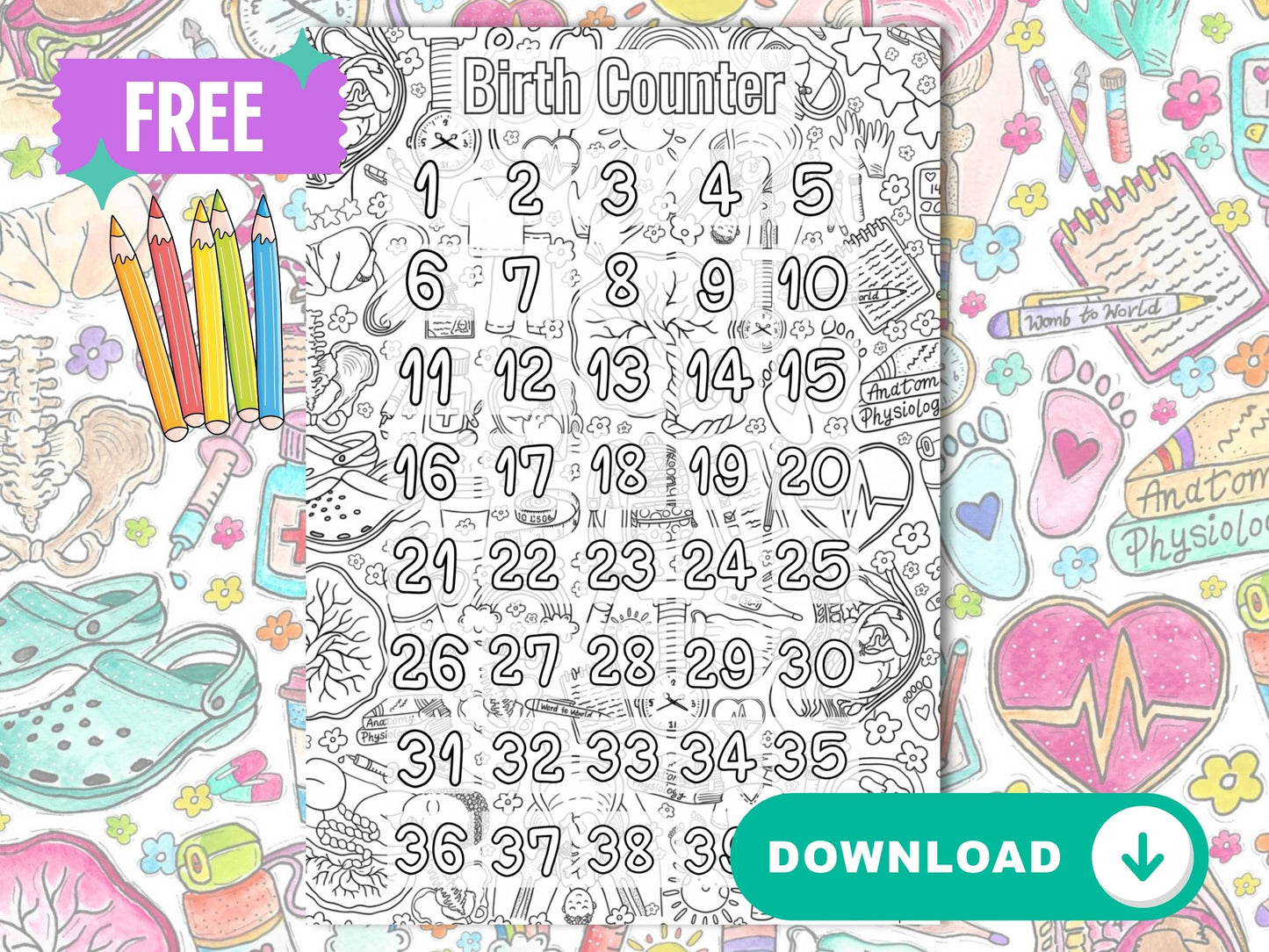Student Midwife Colouring Birth Counter (Free Download)