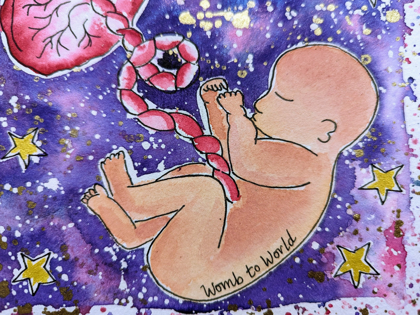 Fetus Placenta Art Original Womb Watercolour Painting | Picture for Pregnancy, Birth, New Mums and Midwife