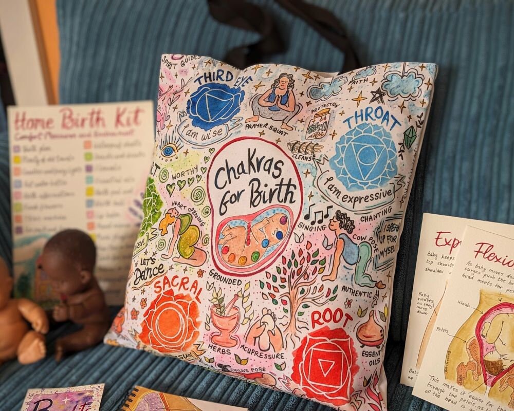 Chakras in Birth Canvas Tote Bag: Spiritual Pregnancy Doula Bag
