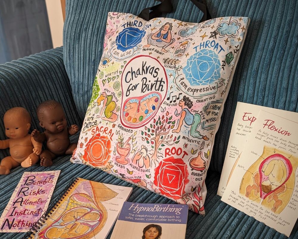Chakras in Birth Canvas Tote Bag: Spiritual Pregnancy Doula Bag
