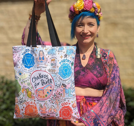 Chakras in Birth Canvas Tote Bag: Spiritual Pregnancy Doula Bag