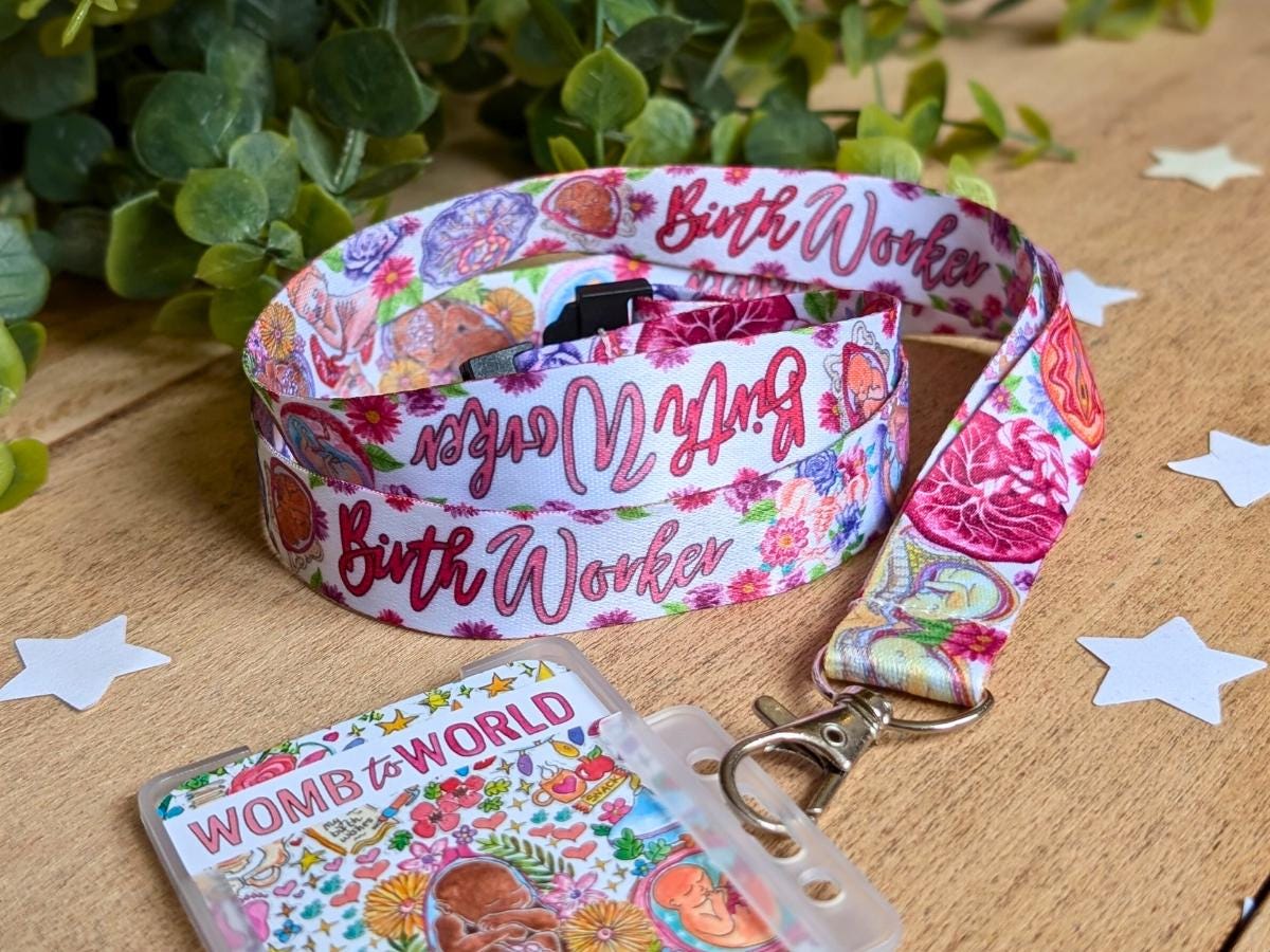 Birth worker lanyard and key fob with birth art