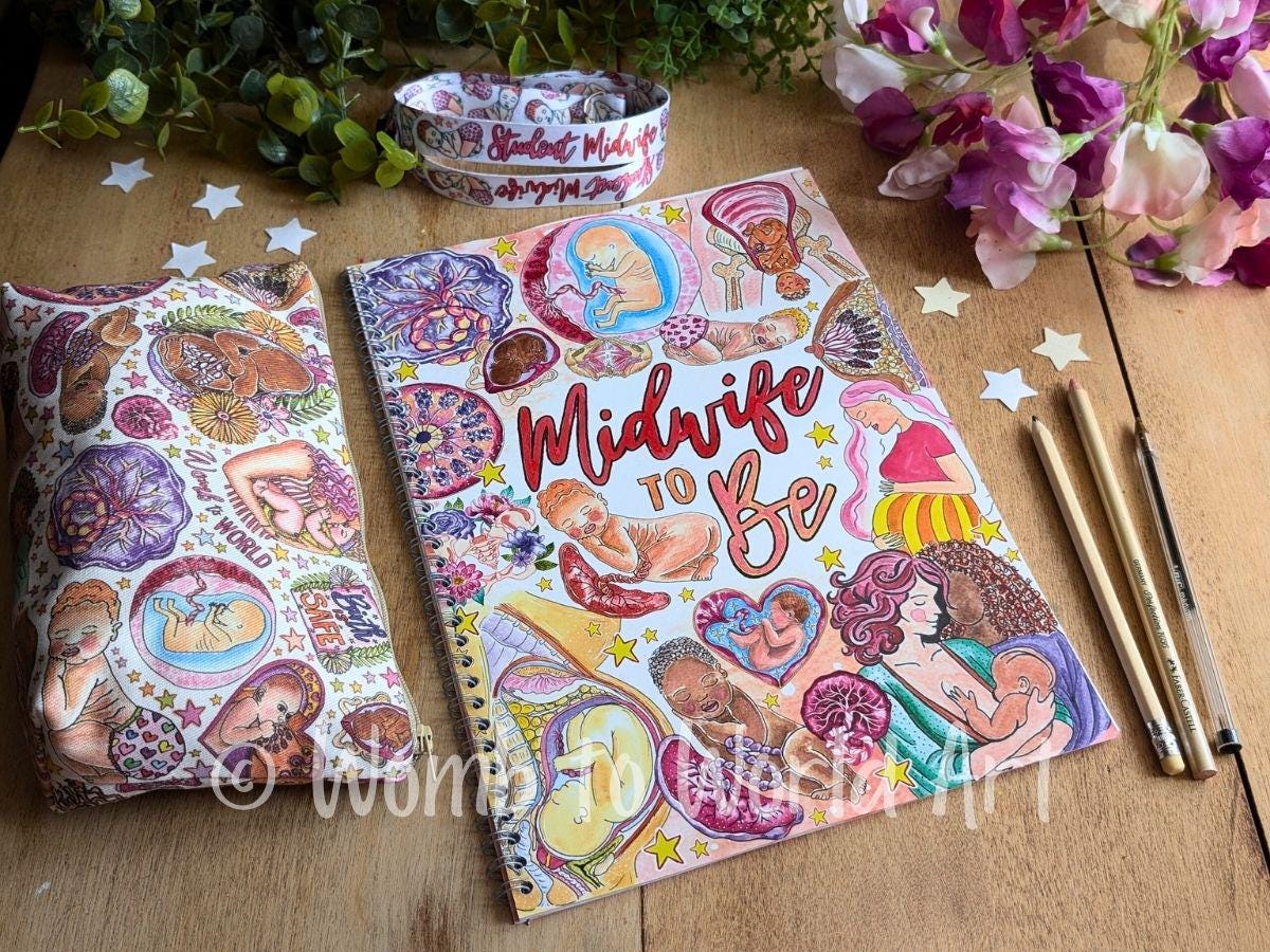 A4 Student Midwife Notebook Lined | Midwifery Notepad | Pregnancy Art | Midwife to Be Stationery Pens