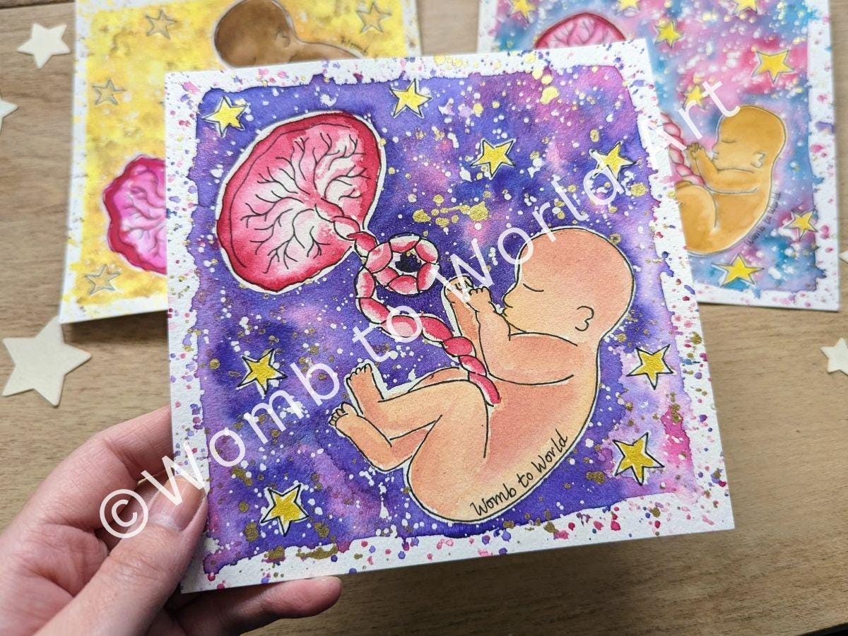 Fetus Placenta Art Original Womb Watercolour Painting | Picture for Pregnancy, Birth, New Mums and Midwife