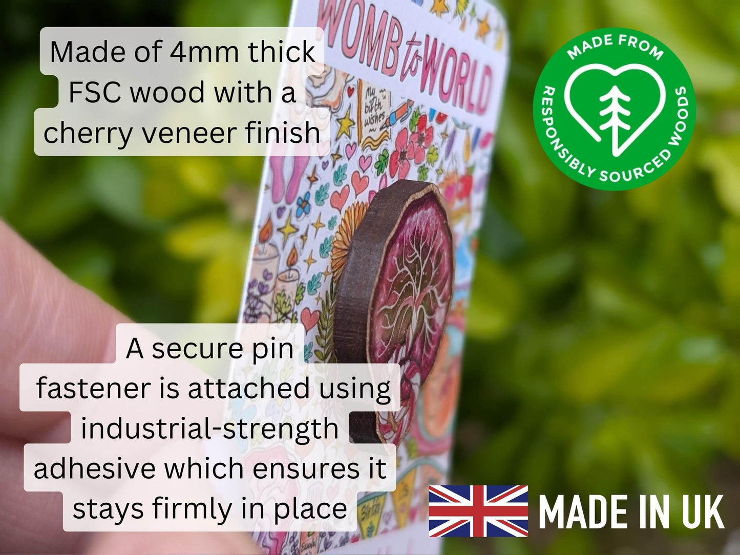 Wooden placenta pin badge for midwives