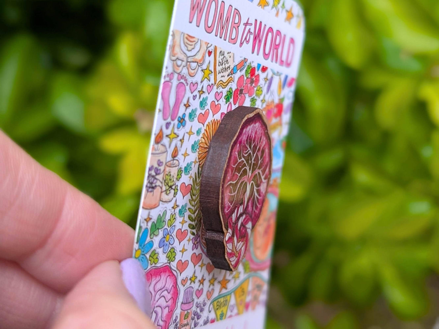 Wooden placenta pin badge for midwives