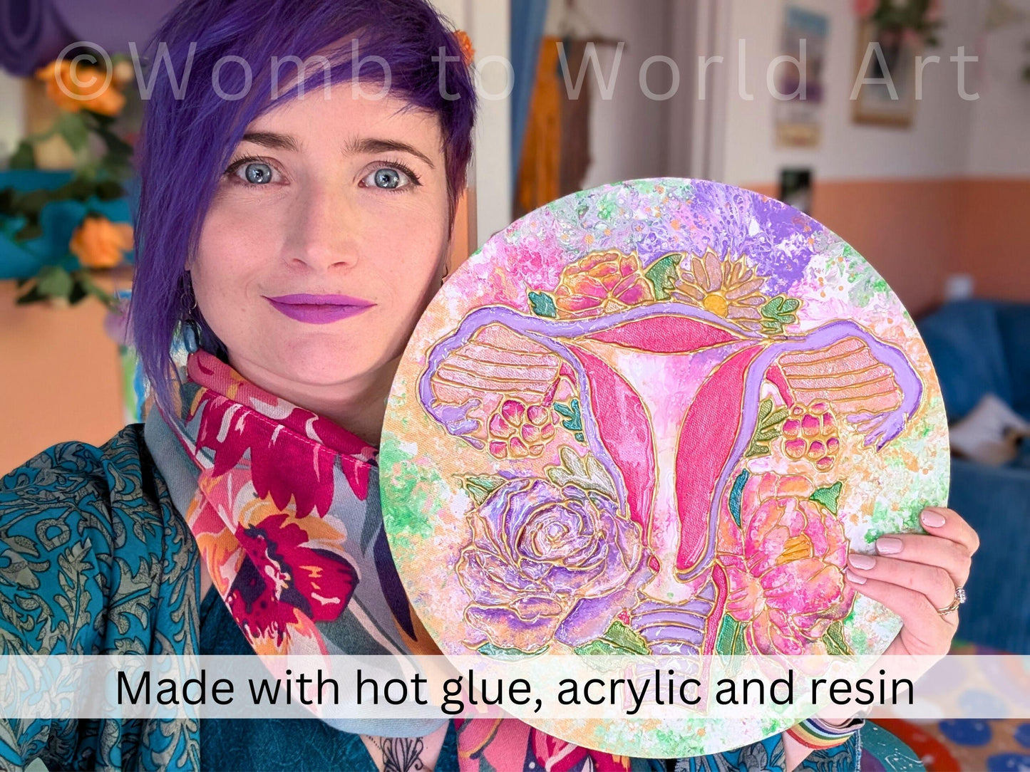 Womb Art Resin 3D Canvas Painting | Floral Uterus Anatomy Art | Hot Glue Acrylic | Divine Feminine