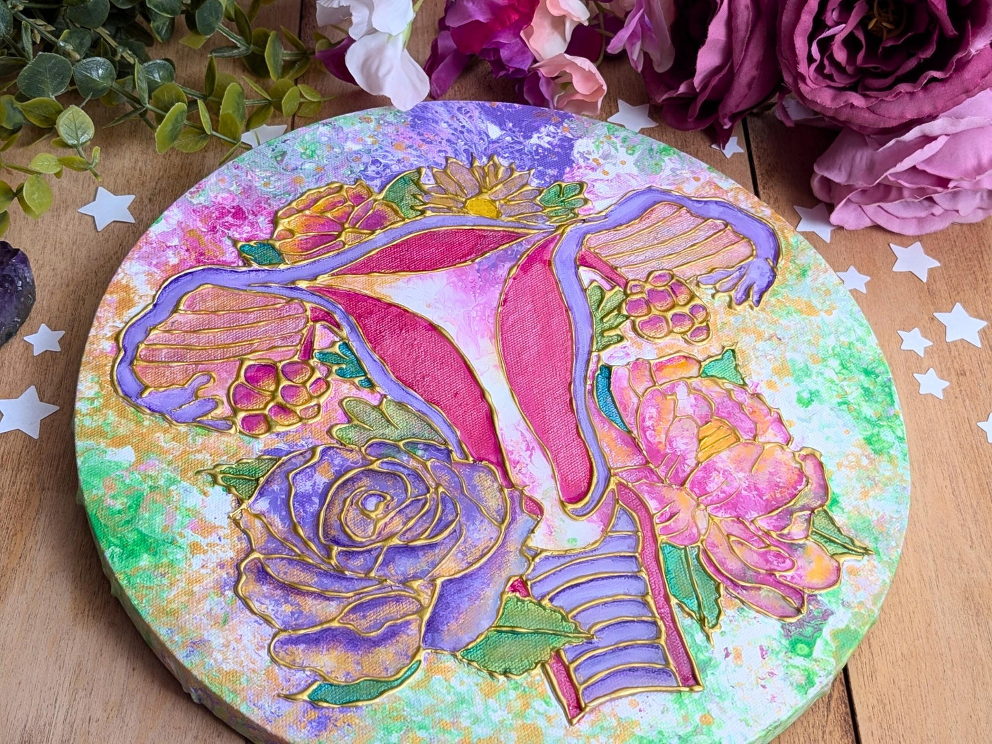 Womb Art Resin 3D Canvas Painting | Floral Uterus Anatomy Art | Hot Glue Acrylic | Divine Feminine