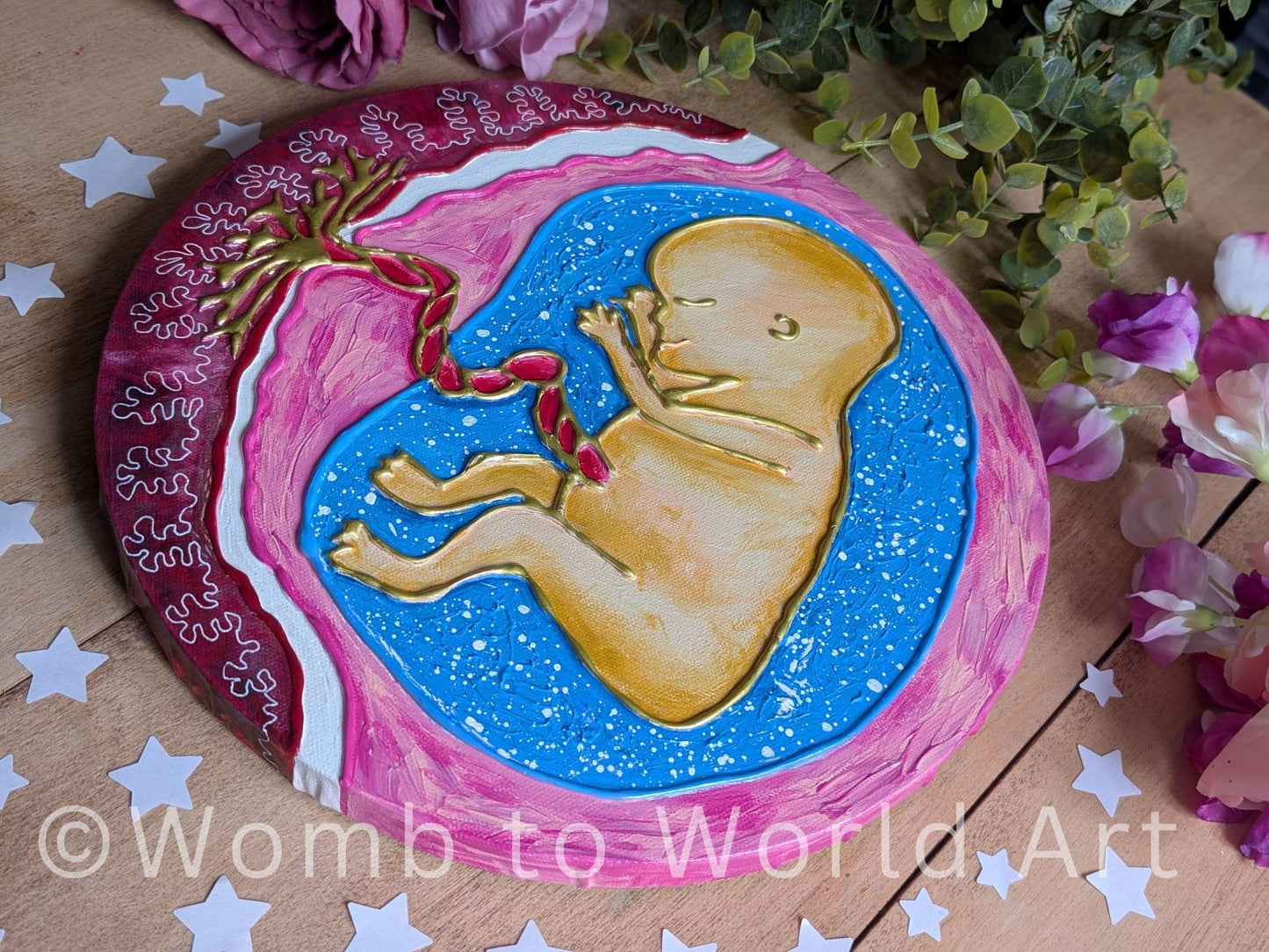 Baby in the Womb 3D Acrylic Canvas Painting | Circular Fetus Hot Glue Pregnancy Texture Art