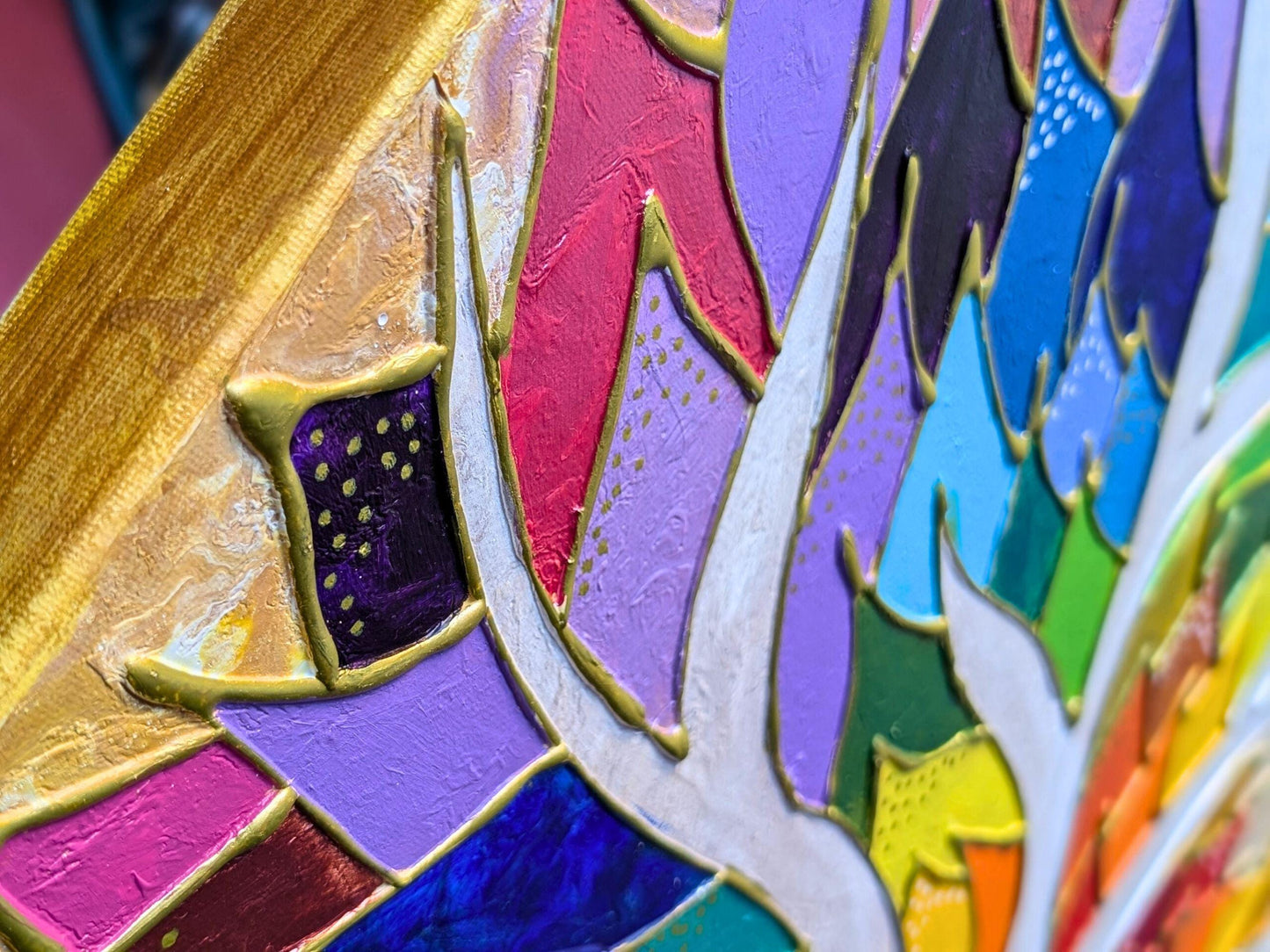 Rainbow 3D Placenta Canvas Acrylic Painting | Hot Glue Metallic Acrylic Pour Art
