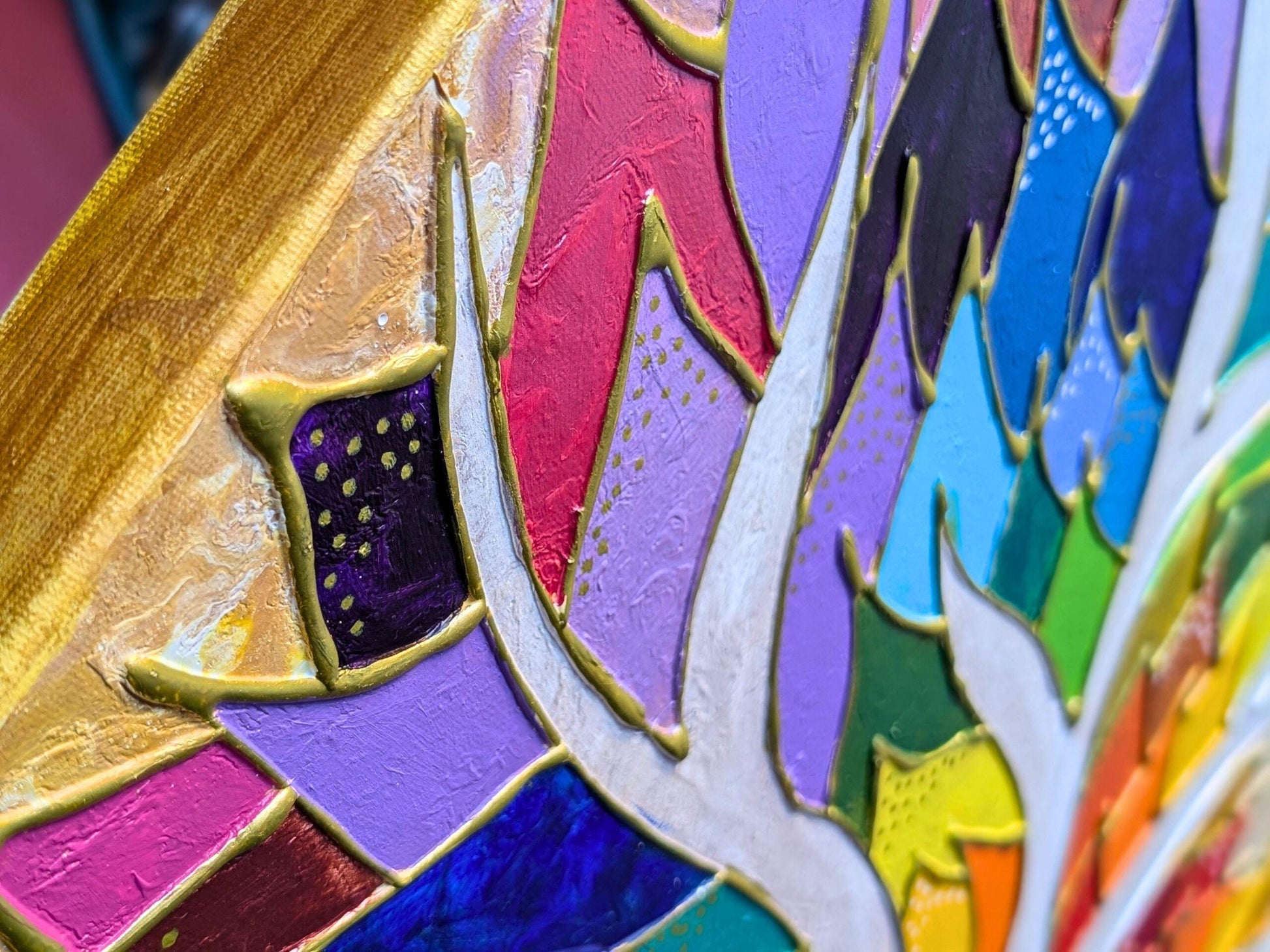 Rainbow 3D Placenta Canvas Acrylic Painting | Hot Glue Metallic Acrylic Pour Art