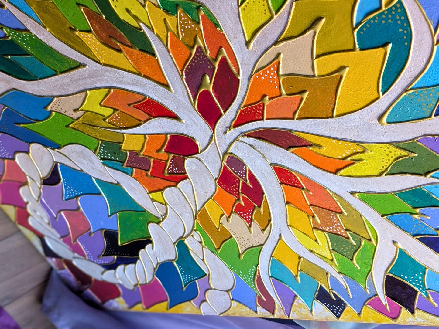 Rainbow 3D Placenta Canvas Acrylic Painting | Hot Glue Metallic Acrylic Pour Art