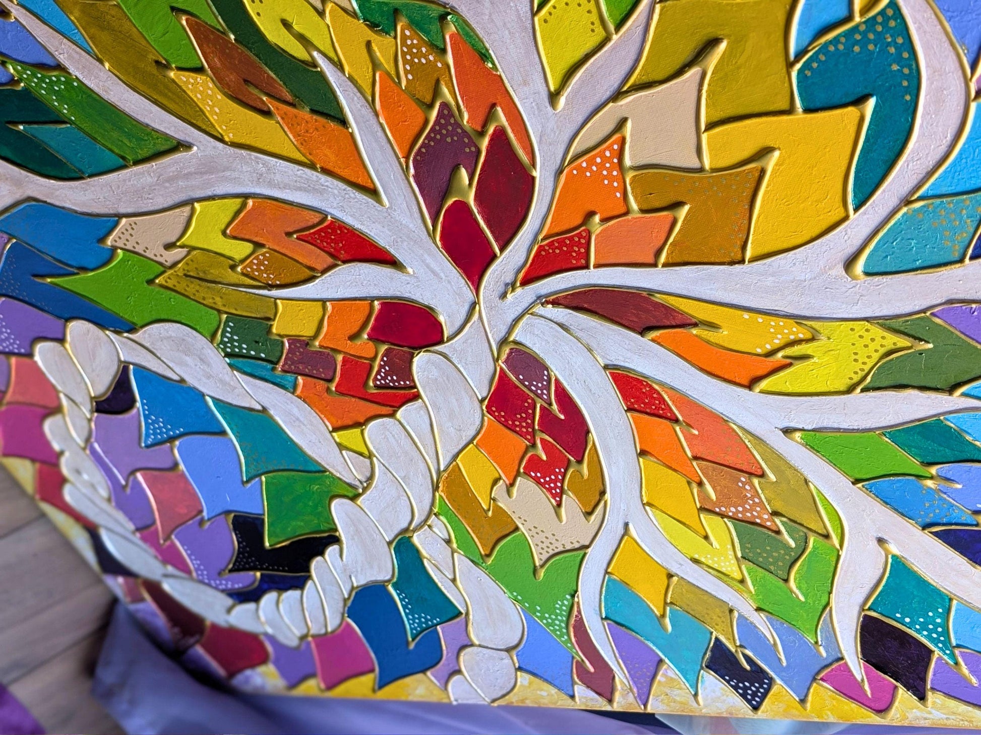 Rainbow 3D Placenta Canvas Acrylic Painting | Hot Glue Metallic Acrylic Pour Art