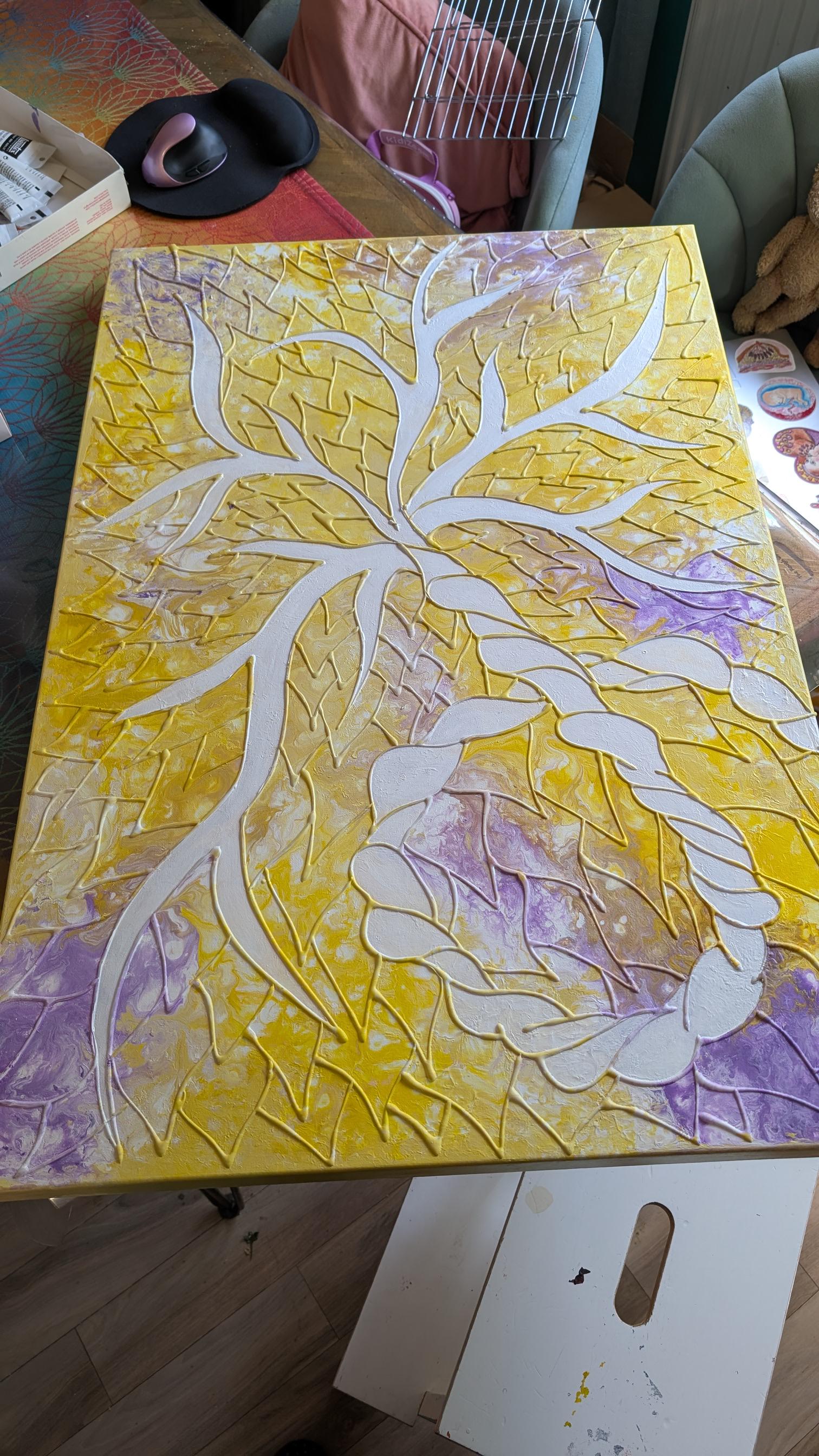 Rainbow 3D Placenta Canvas Acrylic Painting | Hot Glue Metallic Acrylic Pour Art
