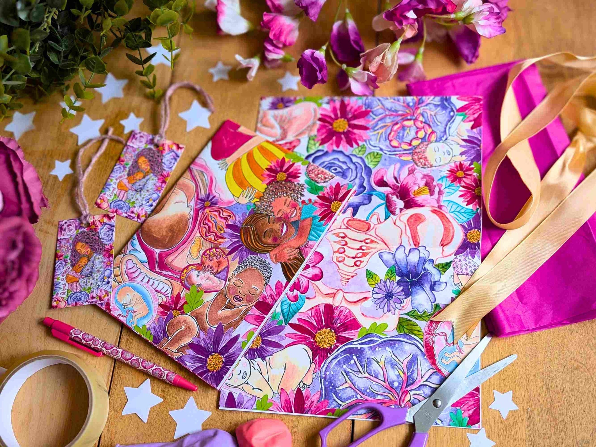 Gift Wrap Set: Motherhood & Pregnancy Womb to World A2 Wrapping Paper Set for Pregnant and New Mamas, Doula Gifts and Midwives