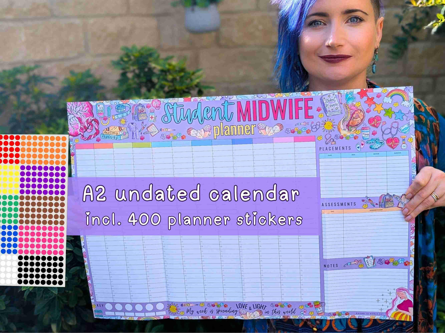 Student Midwife A2 Wall Planner: 2026 / Undated Academic Calendar + Planner Stickers