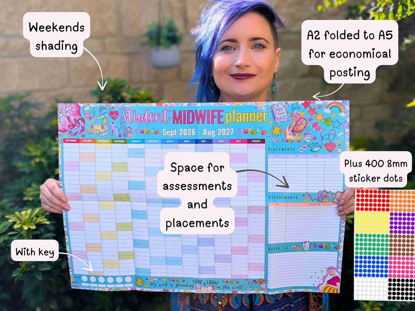 Student Midwife A2 Wall Planner: 2026 / Undated Academic Calendar + Planner Stickers