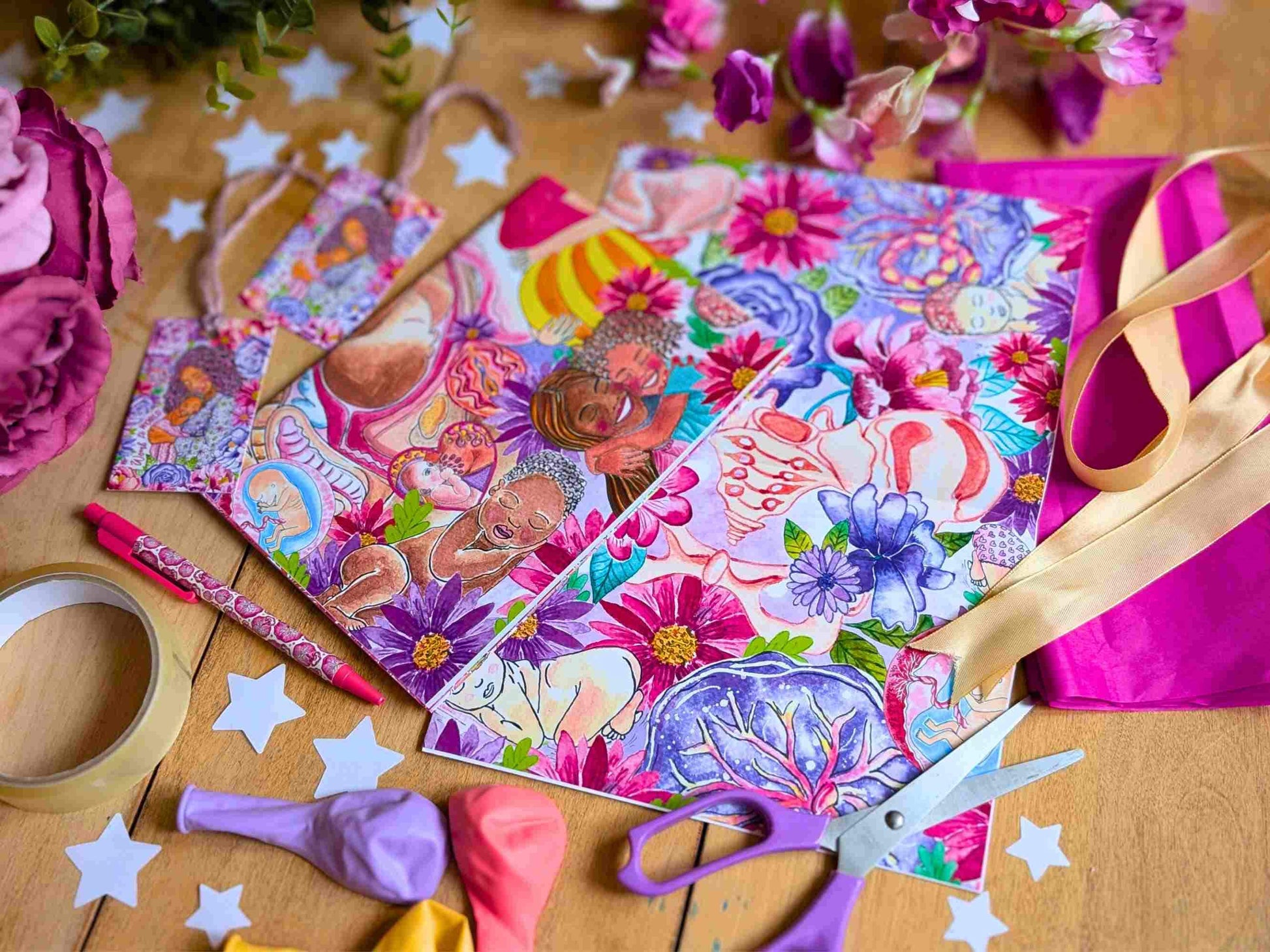 Gift Wrap Set: Motherhood & Pregnancy Womb to World A2 Wrapping Paper Set for Pregnant and New Mamas, Doula Gifts and Midwives
