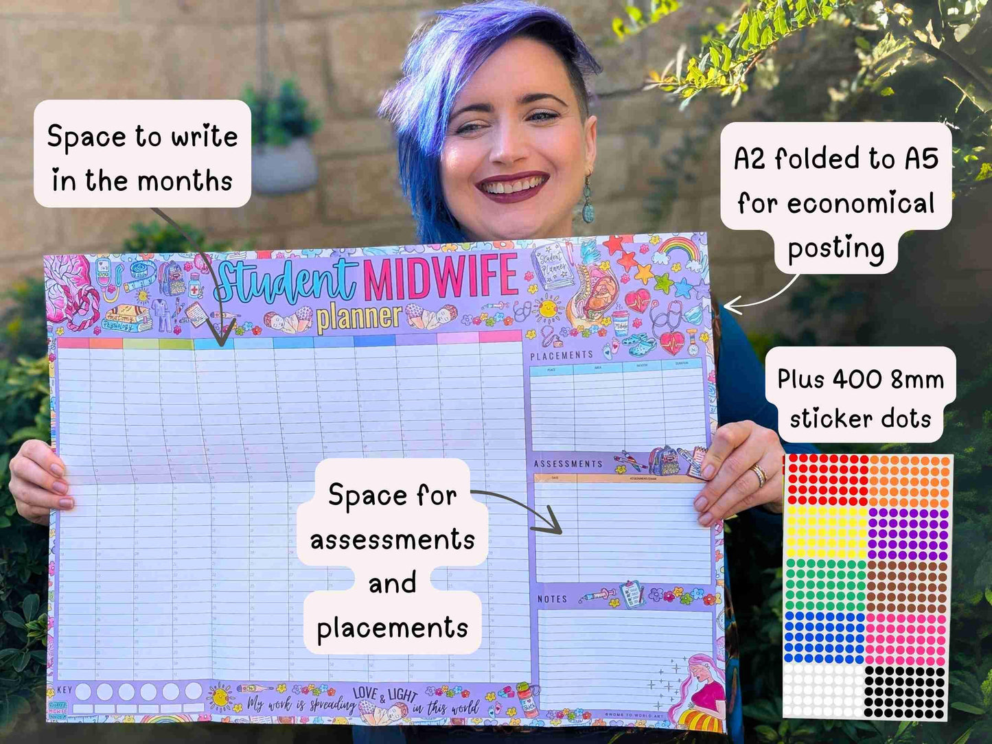 Student Midwife A2 Wall Planner: 2026 / Undated Academic Calendar + Planner Stickers