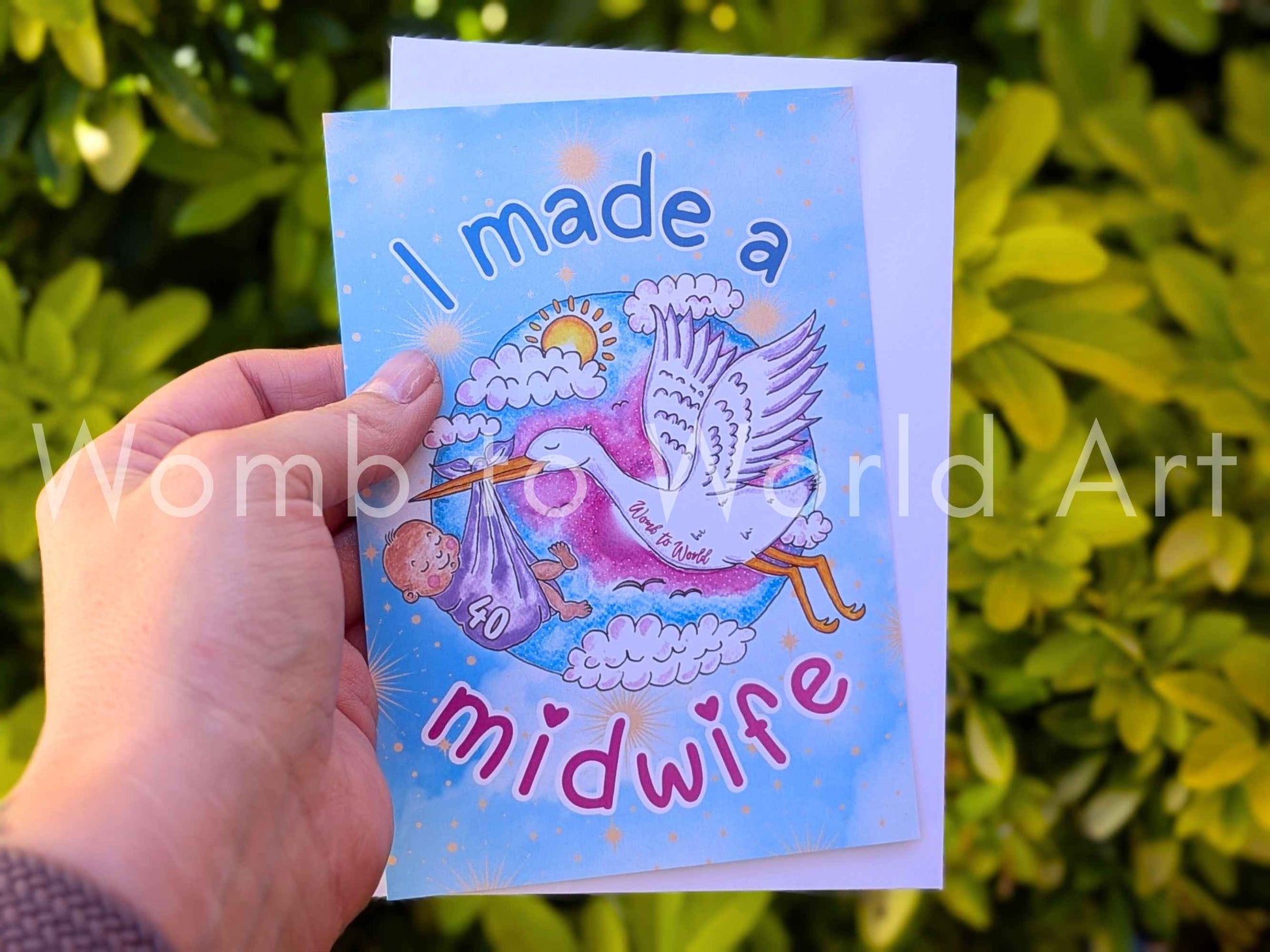 Handmade midwife thank-you greeting card with blue angel illustration and pink text