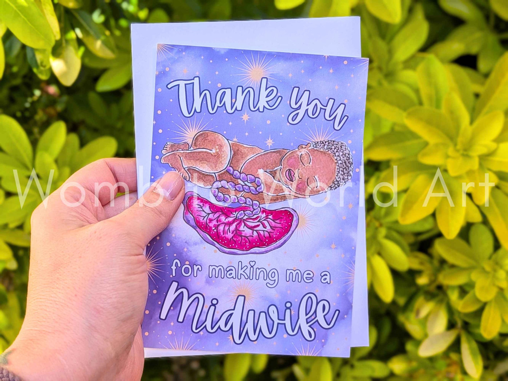 Purple and blue midwife thank-you card with 'Thank you' and 'for making me a Midwife'