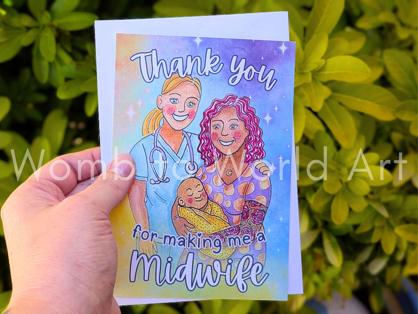 Thank you greeting card with illustrated midwife, mother, and baby and Midwife text