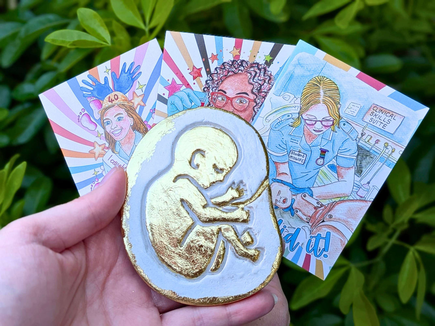 Golden baby in the womb fridge magnet midwife gift