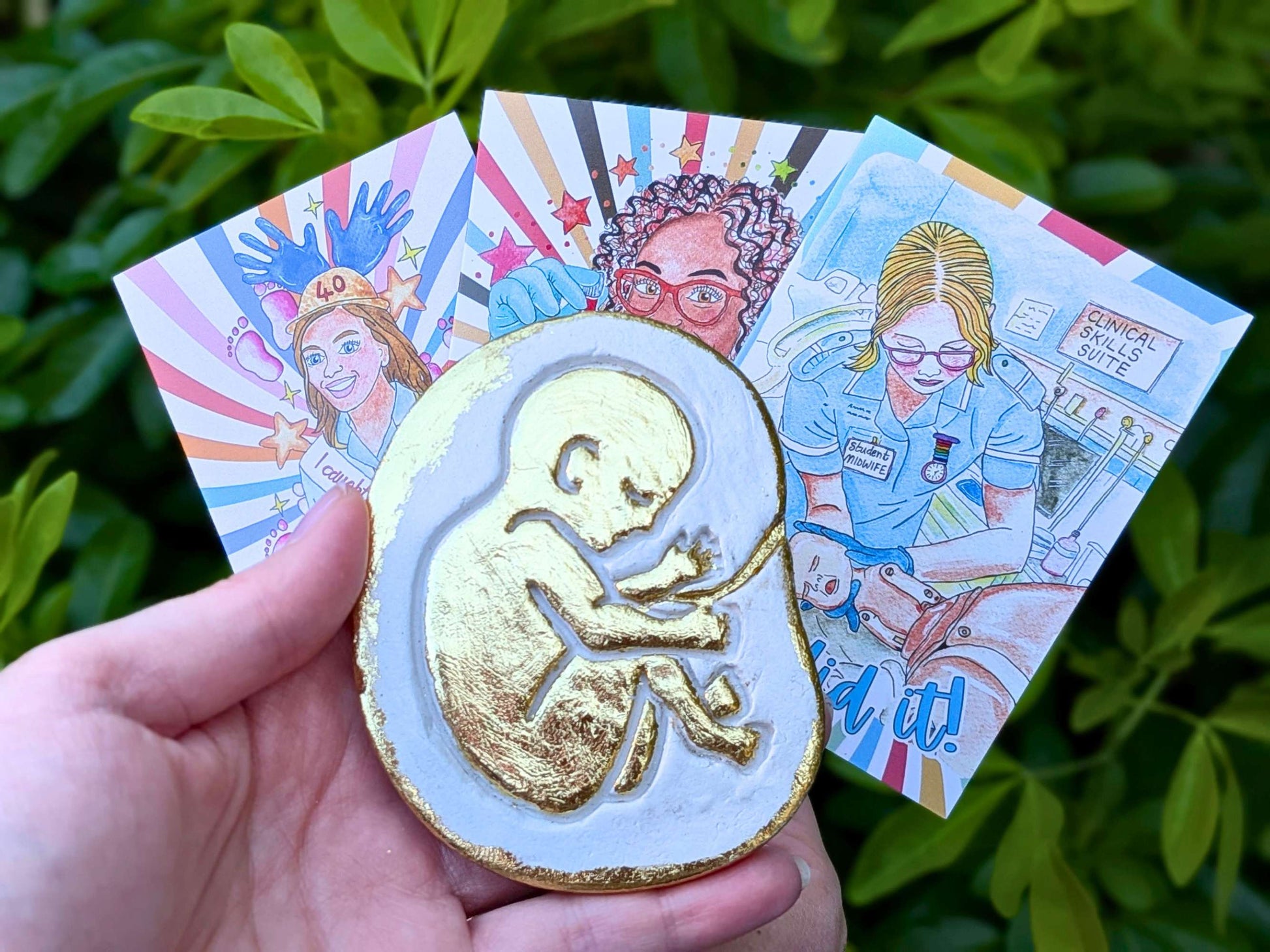 Golden baby in the womb fridge magnet midwife gift
