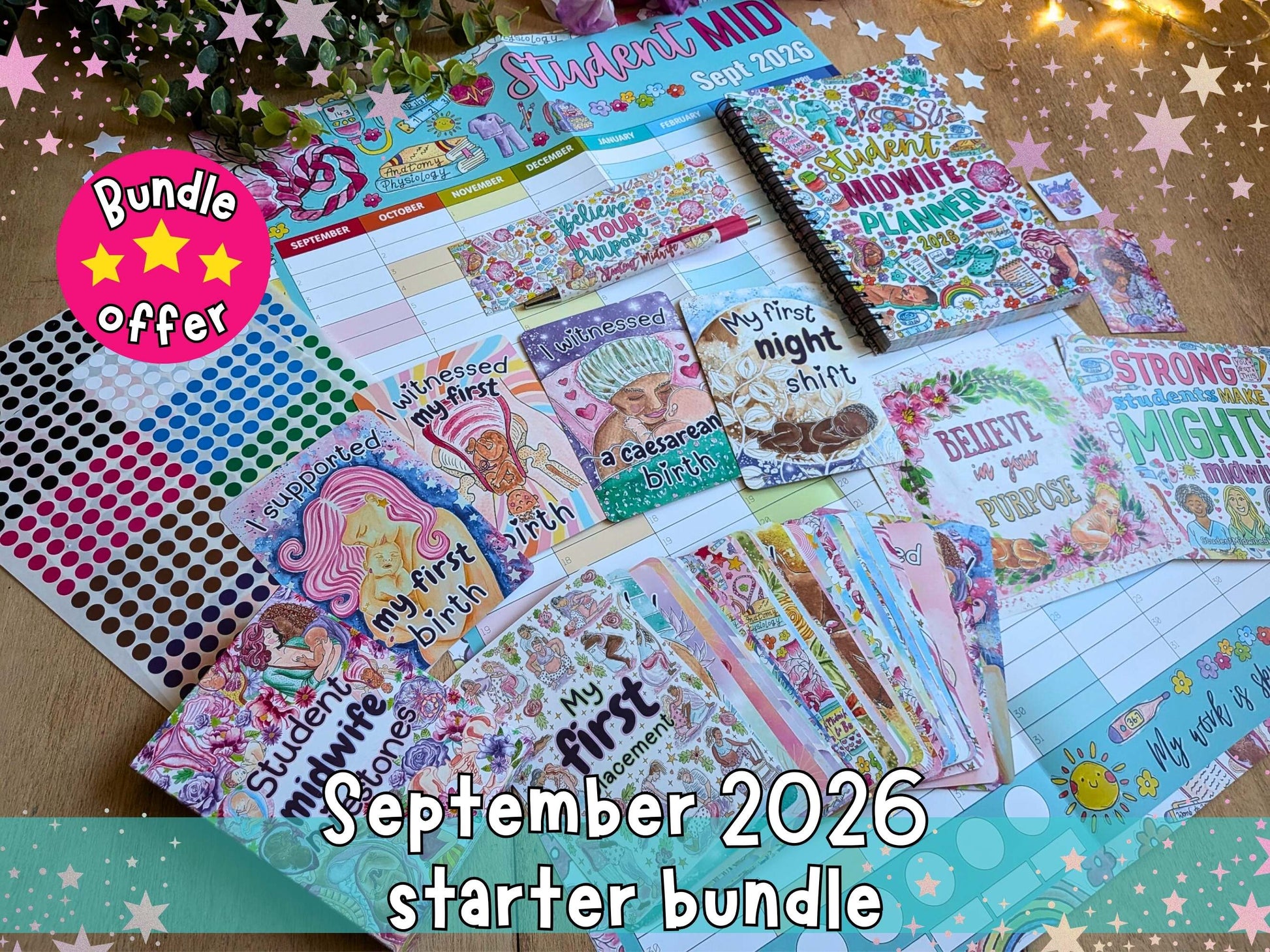 September 2026 student midwife starter bundle with various themed cards and a notebook on a decorative background.