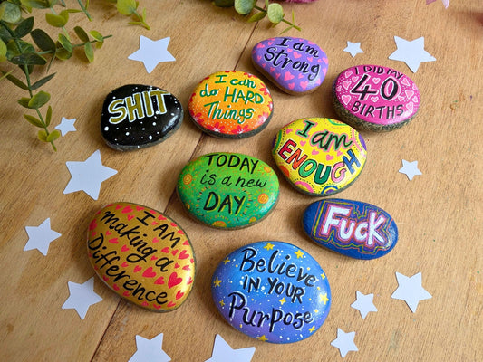 Painted pebble set with motivational and profanity phrases, assorted colorful designs