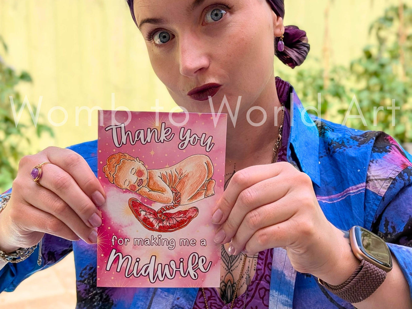 Thank you midwife greeting card with cute illustration and text, held in hands