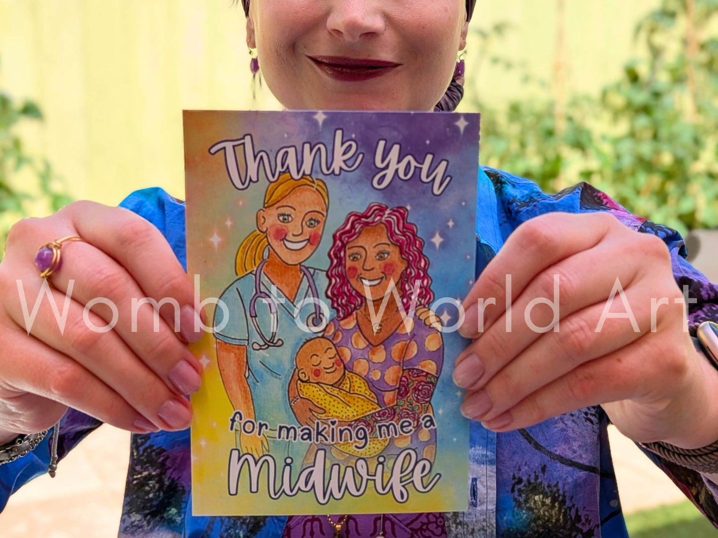 Thank you greeting card with illustrated midwife, mother, and baby plus Midwife text