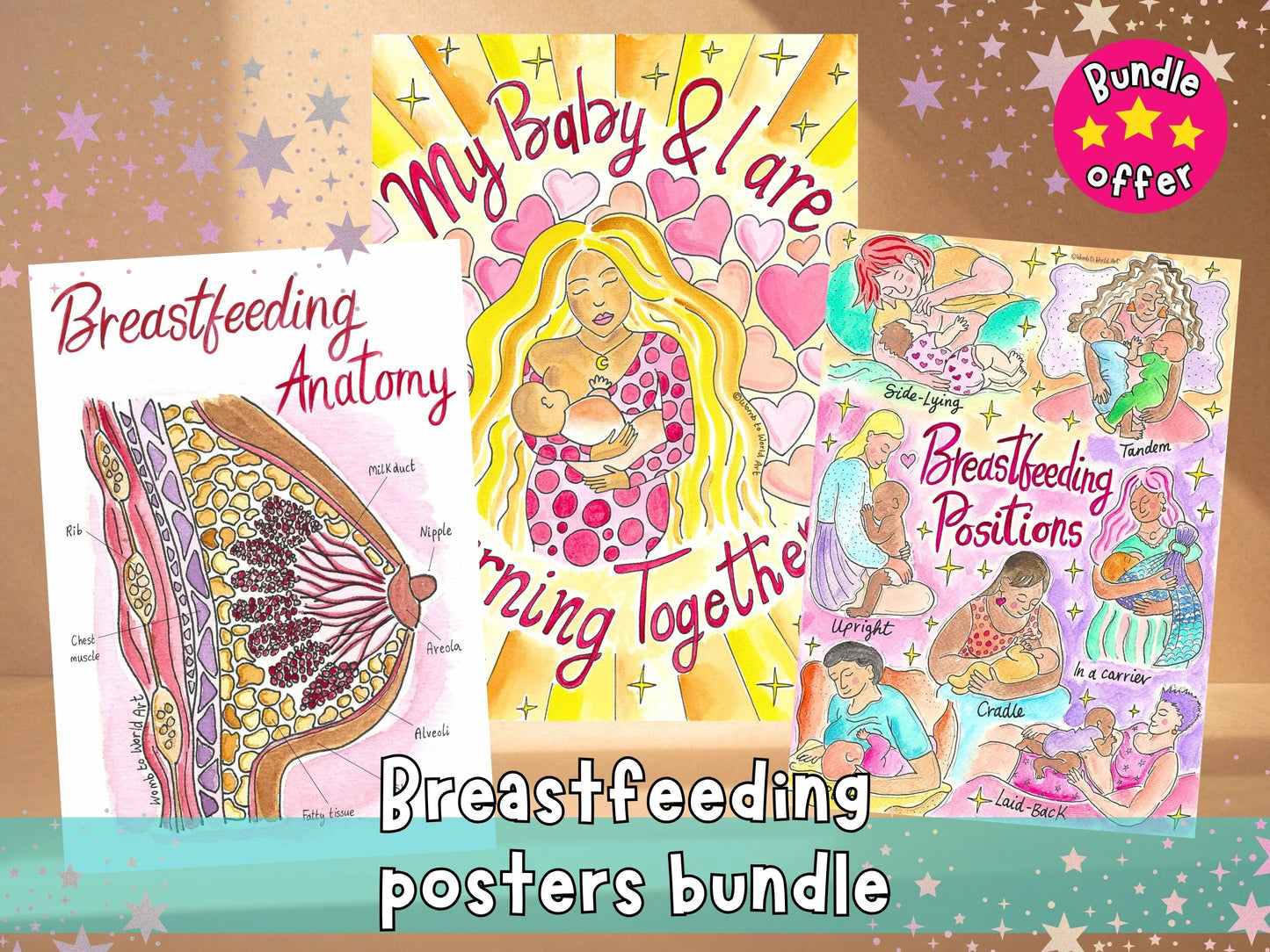 Three breastfeeding poster prints with anatomy and positions artwork, bundled offer.