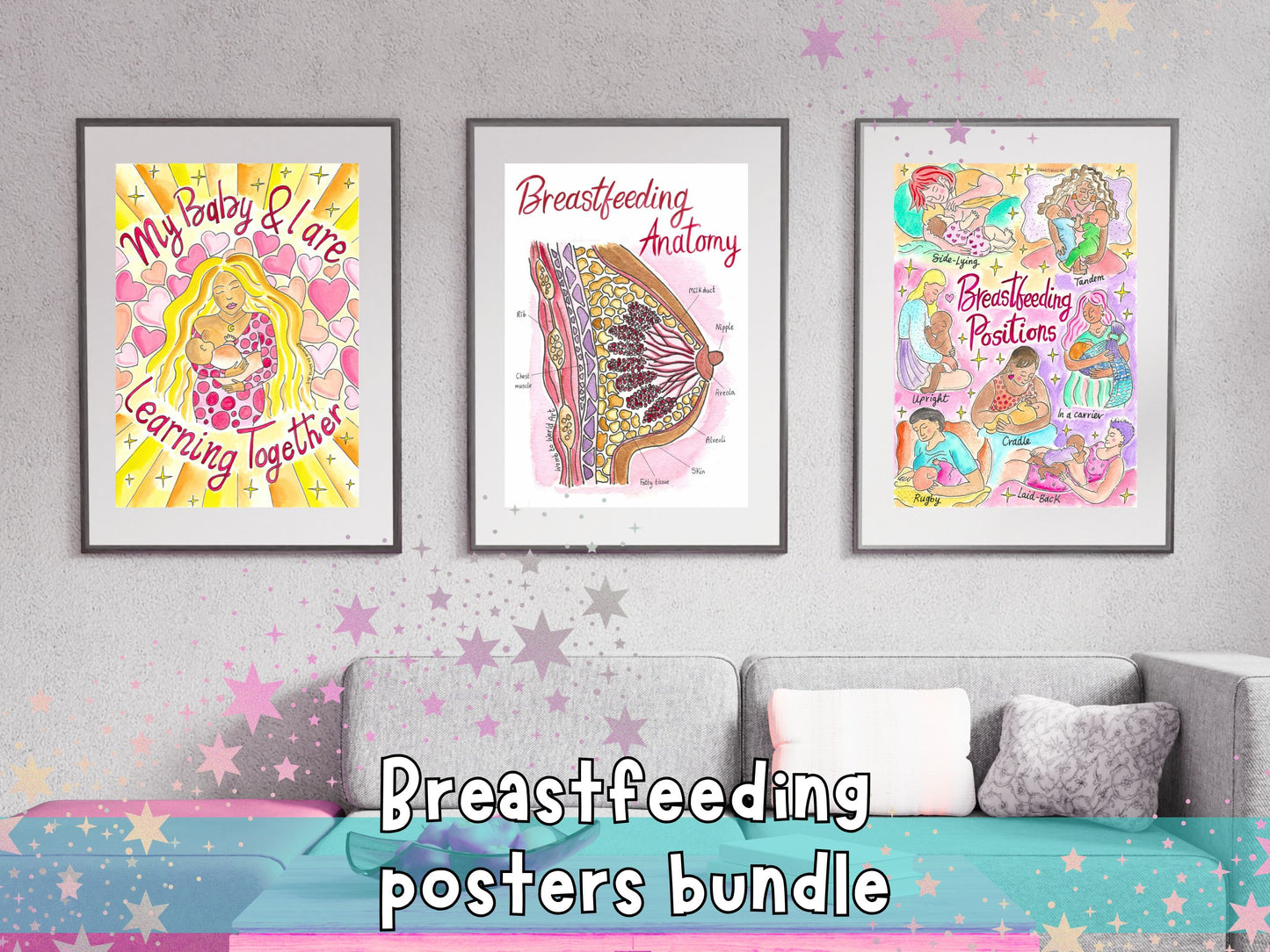 Set of three framed breastfeeding anatomy and positions posters, colorful illustrations.