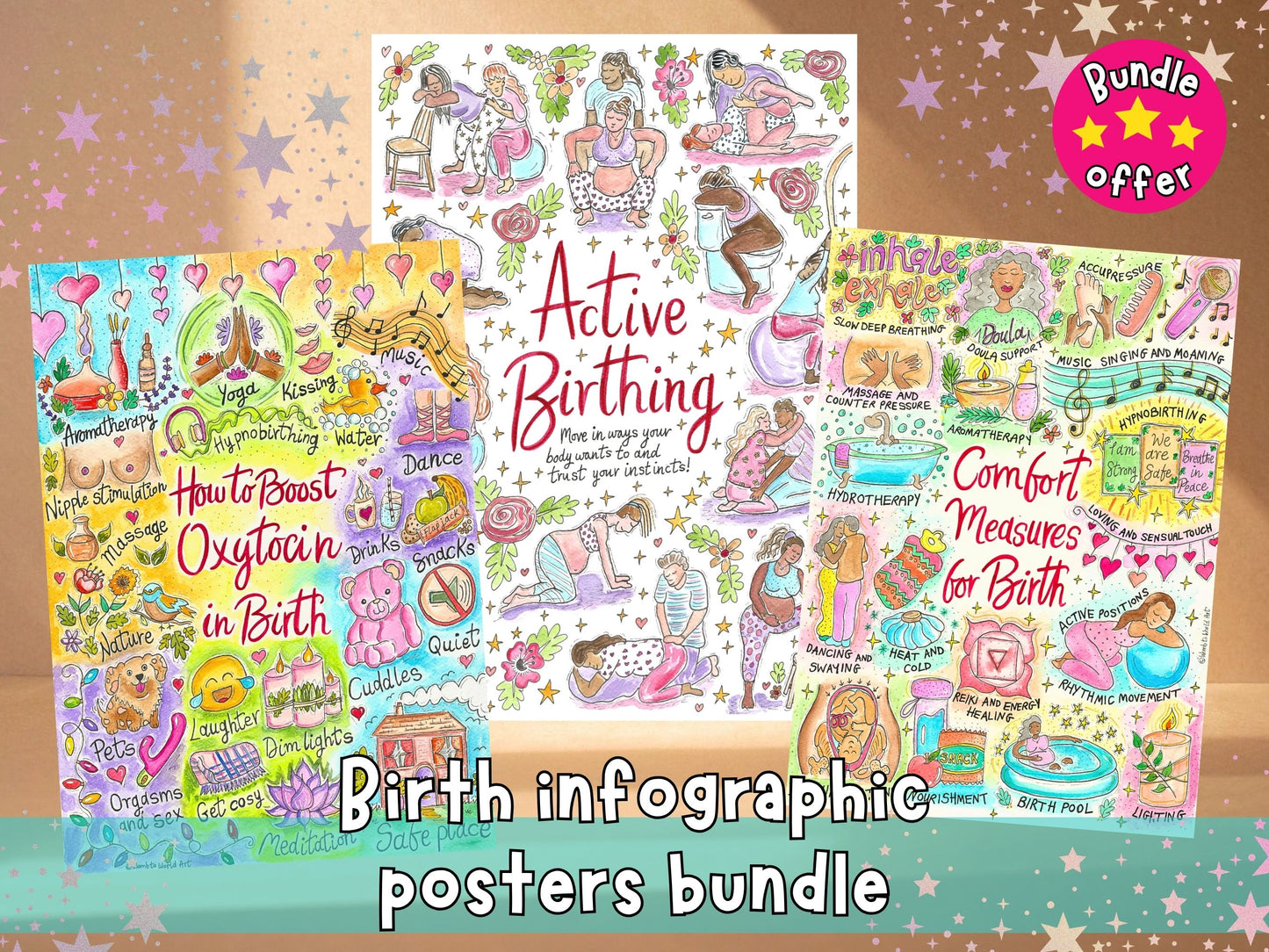 Birth infographic posters bundle, two colorful illustrated A3 sheets with labels