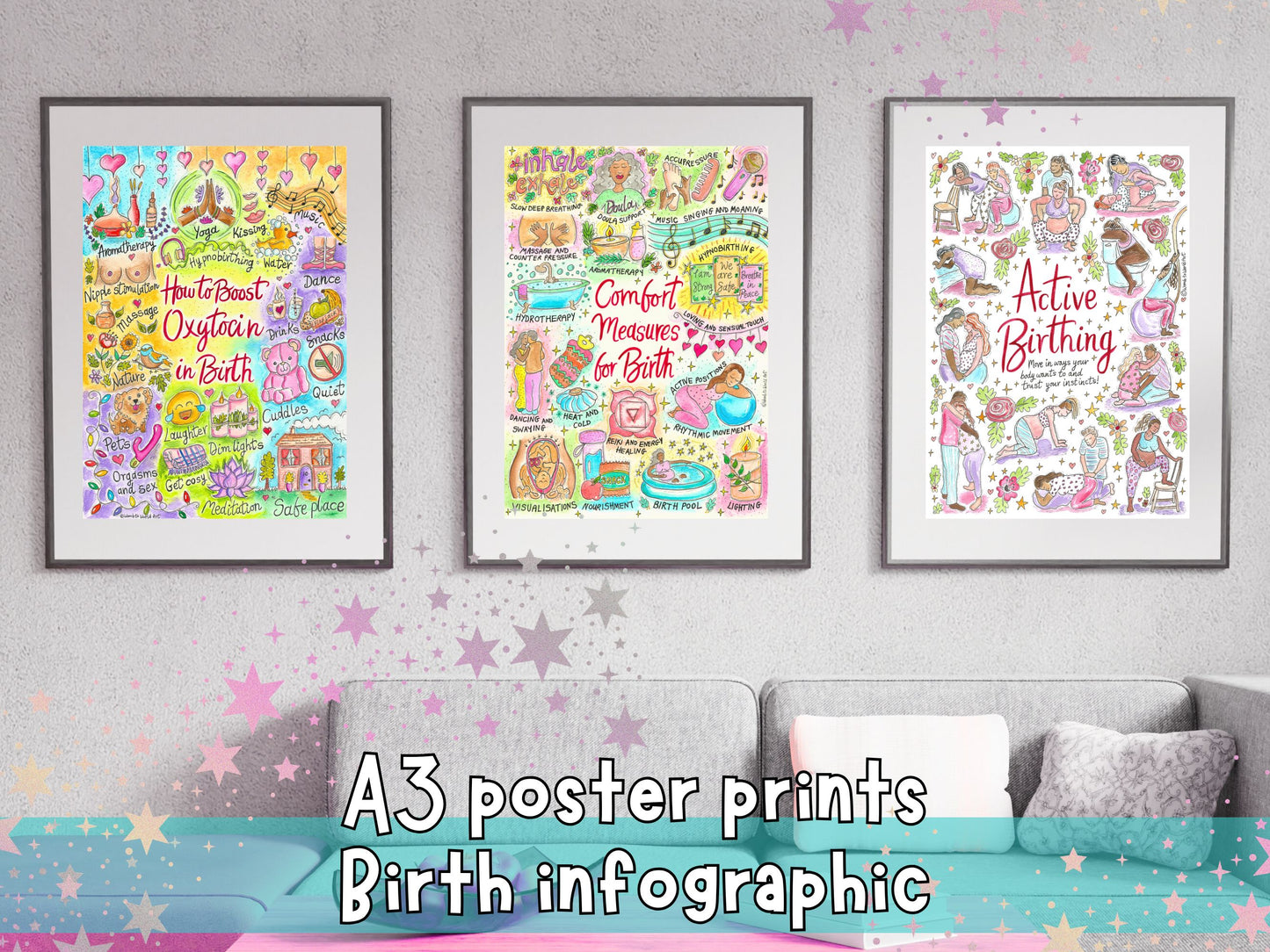 A3 birth infographic poster bundle, three framed colorful illustrated posters