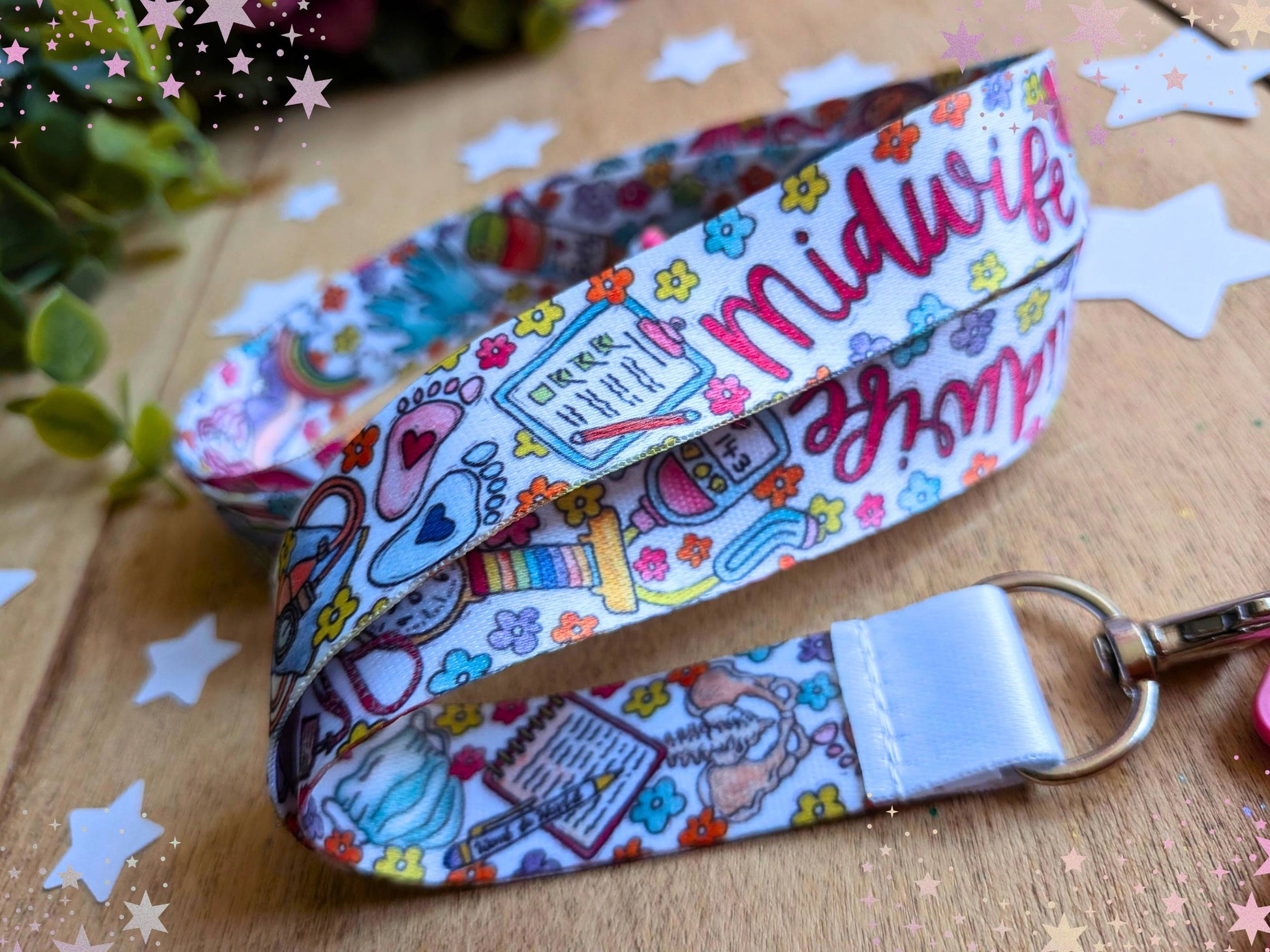 Midwife key fob lanyard with blue patterned strap and metal key ring