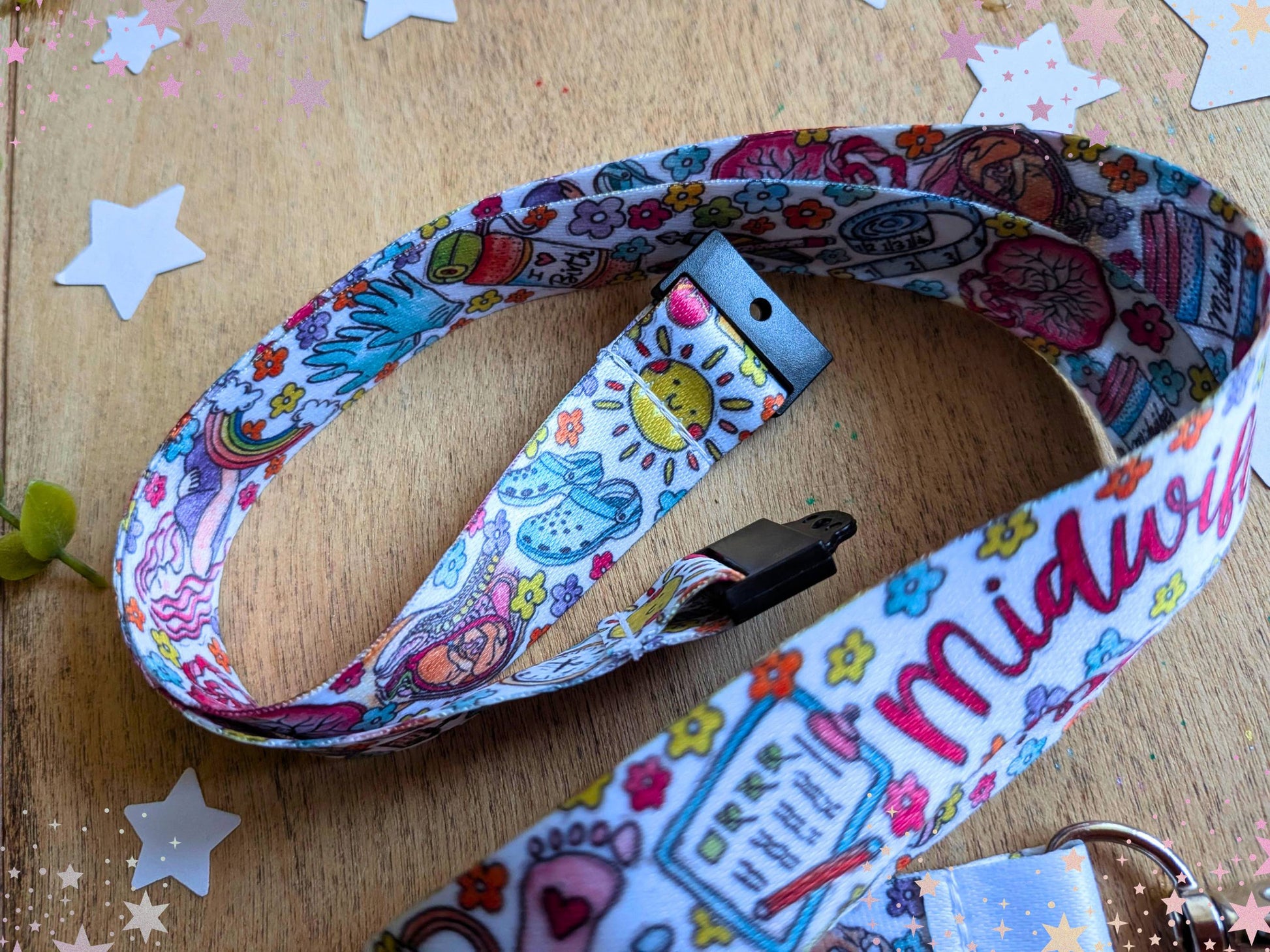 Midwife key fob lanyard loop with colorful cartoon print and blue plastic clasp