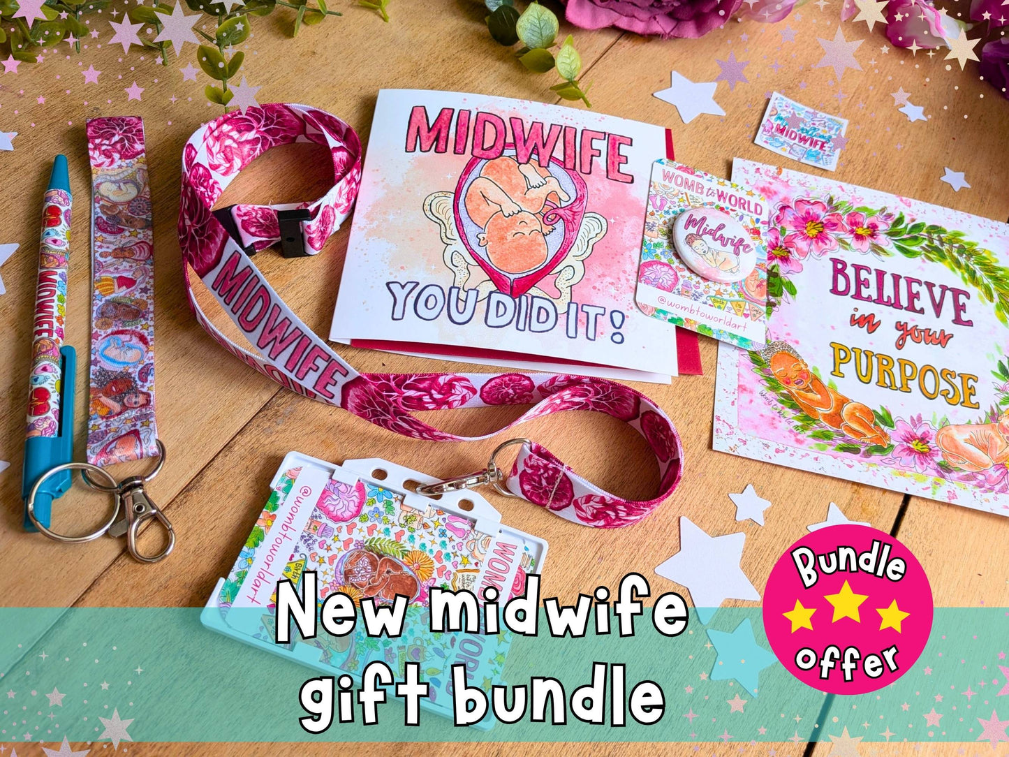 Midwife gift bundle with “You Did It” card, lanyard, and matching celebration cards