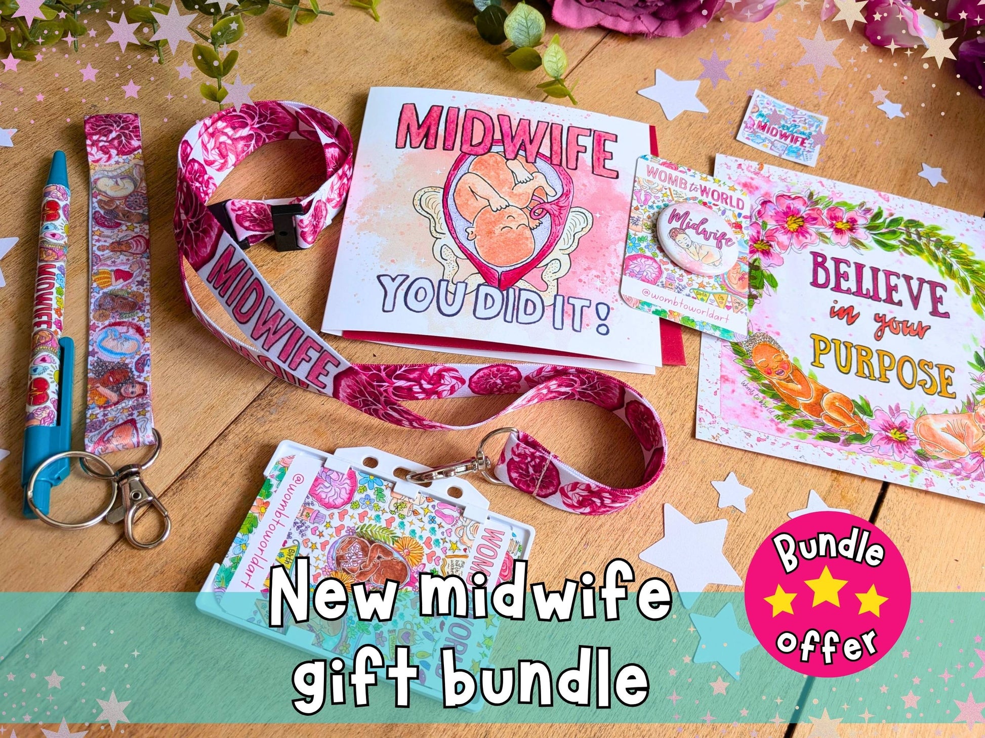 Midwife gift bundle with “You Did It” card, lanyard, and matching celebration cards