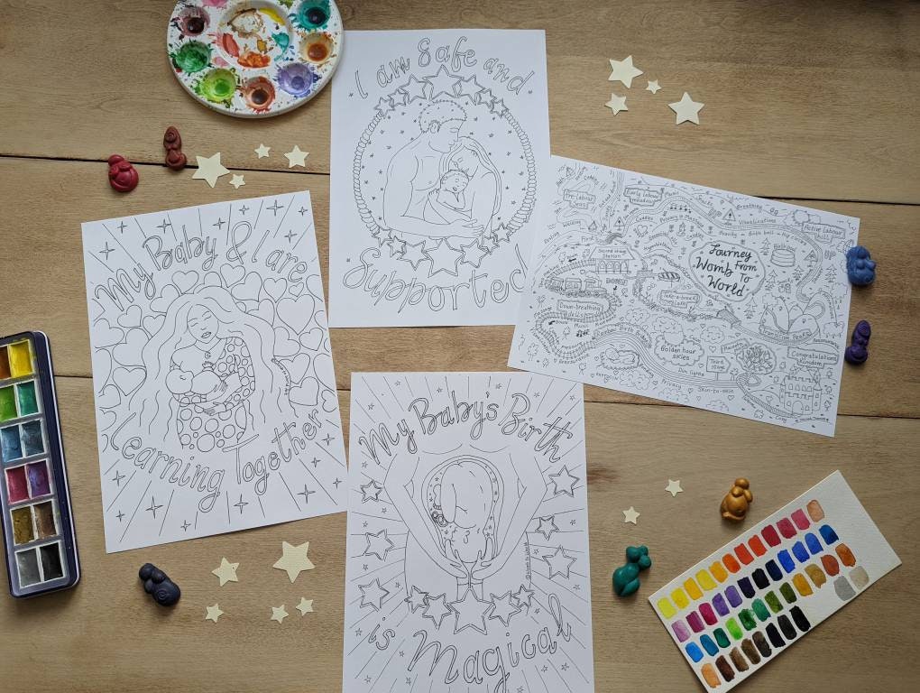 Pregnancy Journey Colouring 16 Posters Download | Positive Birth Affirmations | Birthworker | Doula Tools | Hypnobirthing