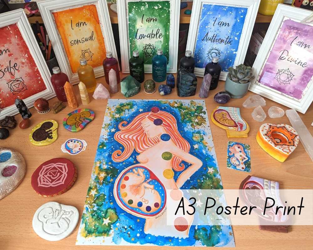 Pregnancy Chakras Womb 250gsm A3 Poster Print | Spiritual Pregnancy Artwork | Doula | Midwife Art | Birthworker | Hypnobirthing