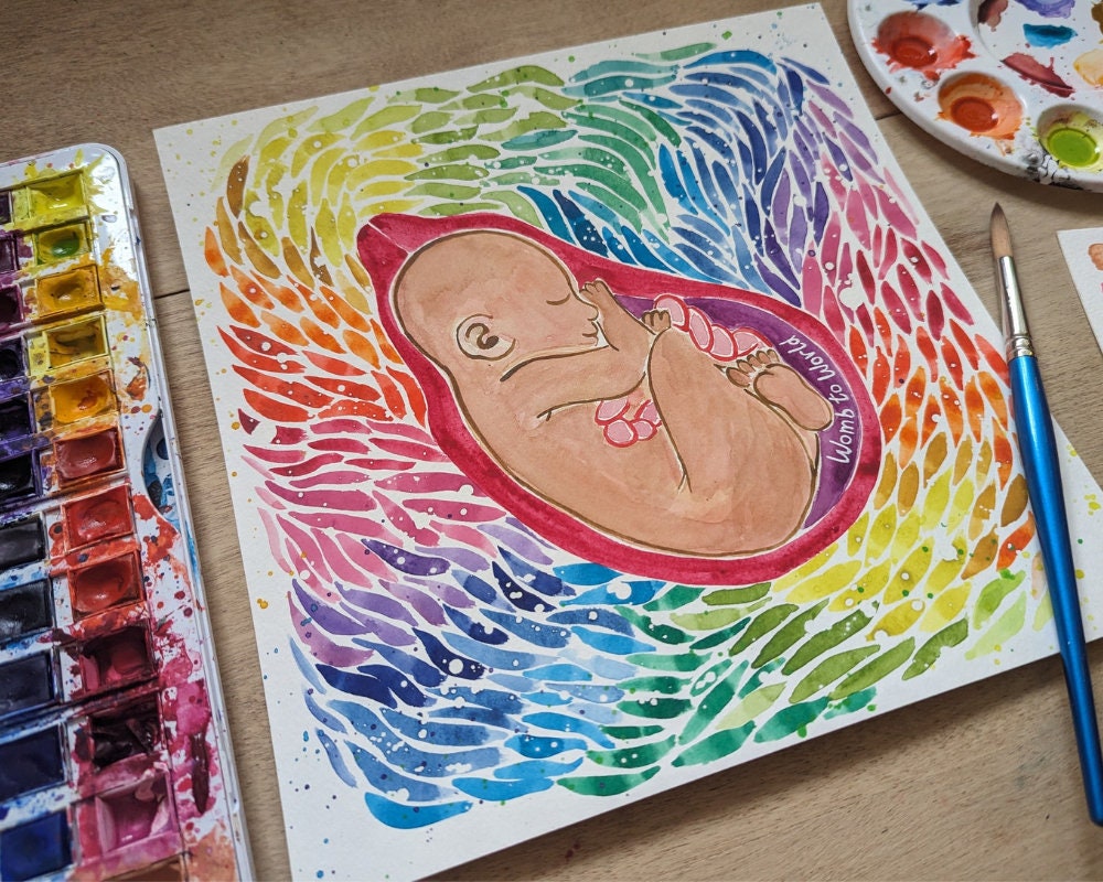Watercolour Rainbow Baby in the Womb Art | Watercolour Paintings for Pregnancy, Birth, Doula and Midwife