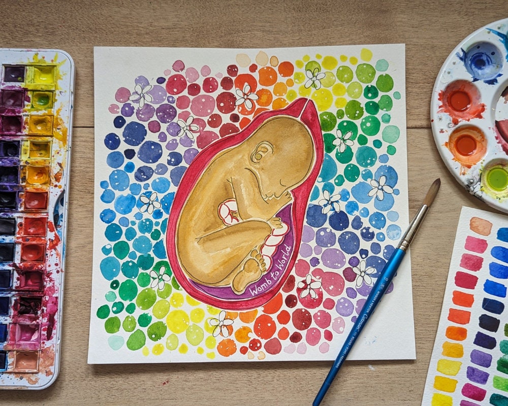 Watercolour Rainbow Baby in the Womb Art | Watercolour Paintings for Pregnancy, Birth, Doula and Midwife
