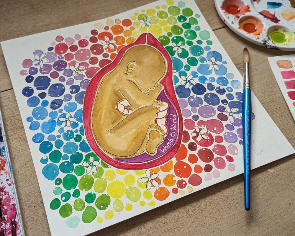 Watercolour Rainbow Baby in the Womb Art | Watercolour Paintings for Pregnancy, Birth, Doula and Midwife