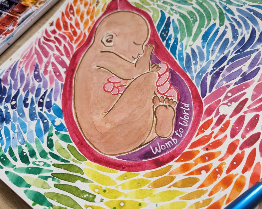 Watercolour Rainbow Baby in the Womb Art | Watercolour Paintings for Pregnancy, Birth, Doula and Midwife