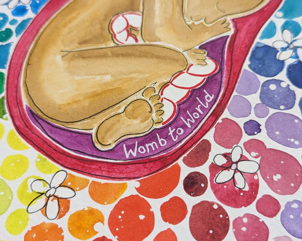 Watercolour Rainbow Baby in the Womb Art | Watercolour Paintings for Pregnancy, Birth, Doula and Midwife