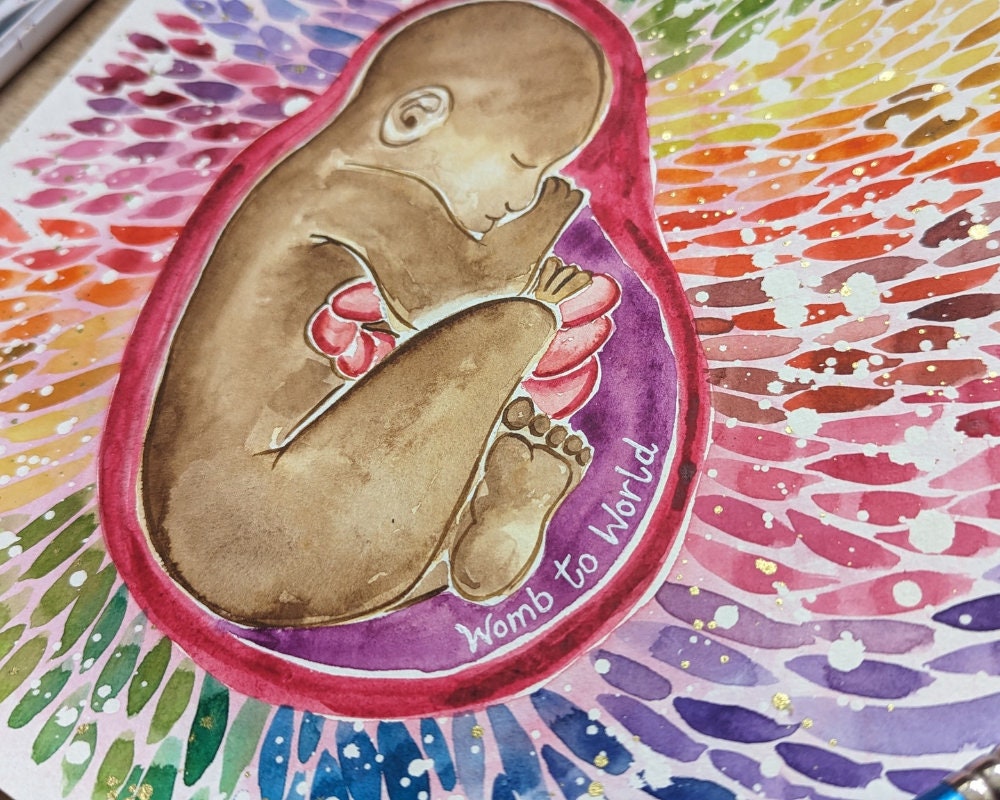 Watercolour Rainbow Baby in the Womb Art | Watercolour Paintings for Pregnancy, Birth, Doula and Midwife